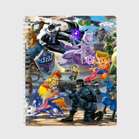 Тетрадь с принтом Super Smash Bros ultimate в Курске, 100% бумага | 48 листов, плотность листов — 60 г/м2, плотность картонной обложки — 250 г/м2. Листы скреплены сбоку удобной пружинной спиралью. Уголки страниц и обложки скругленные. Цвет линий — светло-серый
 | game | mario | nintendo | nintendo all star | pikachu | pokemon | super smash bros | ultimate | джиглипафф | донки конг | зельда | игры | линк | марио | нинтендо | пикачу | покемоны | эш