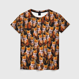 Женская футболка 3D с принтом Упоротые лисы в Курске, 100% полиэфир ( синтетическое хлопкоподобное полотно) | прямой крой, круглый вырез горловины, длина до линии бедер | fox | животные | лис | лиса | лисичка | мем | паттрен | рыжий | толпа | упортый | фыр фыр