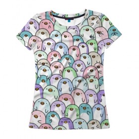 Женская футболка 3D с принтом Цветные Пингвинчики в Курске, 100% полиэфир ( синтетическое хлопкоподобное полотно) | прямой крой, круглый вырез горловины, длина до линии бедер | colors | cute | детский | лапочка | милый | мимими | паттерн | пингвин | северный полюс | стая | толпа