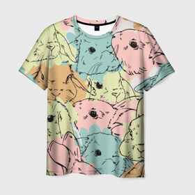 Мужская футболка 3D с принтом Акварельные Зайки в Курске, 100% полиэфир | прямой крой, круглый вырез горловины, длина до линии бедер | зая | заяц | кисти | кляксы | краски | кролик | мазки | милый | мимими | пушистый | пятна | рисунок | цветной | ценный мех