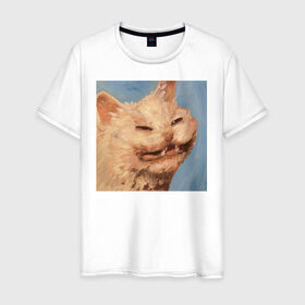 Мужская футболка хлопок с принтом МЕМ КОТ в Курске, 100% хлопок | прямой крой, круглый вырез горловины, длина до линии бедер, слегка спущенное плечо. | искусство | кот | кот мем | котомем | коты мемы | кошка | кошка мем | лицо | лицо кота | лицо кошки | мем | мем кот | мем кошка | нарисованный | перекосившиеся лицо | рисунок | рожа кота