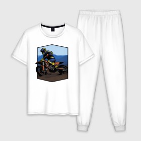 Мужская пижама хлопок с принтом Мотоклист в Курске, 100% хлопок | брюки и футболка прямого кроя, без карманов, на брюках мягкая резинка на поясе и по низу штанин
 | moto | байк | байкер | мото | мото спорт | мотоспорт | мотоцикл | мотоциклист