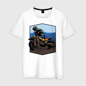 Мужская футболка хлопок с принтом Мотоклист в Курске, 100% хлопок | прямой крой, круглый вырез горловины, длина до линии бедер, слегка спущенное плечо. | moto | байк | байкер | мото | мото спорт | мотоспорт | мотоцикл | мотоциклист