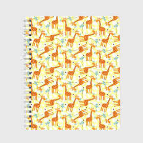 Тетрадь с принтом Жирафики в Курске, 100% бумага | 48 листов, плотность листов — 60 г/м2, плотность картонной обложки — 250 г/м2. Листы скреплены сбоку удобной пружинной спиралью. Уголки страниц и обложки скругленные. Цвет линий — светло-серый
 | Тематика изображения на принте: giraffe | pattern | животные | жираф | паттерн | текстура