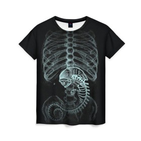 Женская футболка 3D с принтом Чужой на Рентгене в Курске, 100% полиэфир ( синтетическое хлопкоподобное полотно) | прямой крой, круглый вырез горловины, длина до линии бедер | alien | больница | больной | внутренний мир | врач | клиника | кости | пациент | ребра | рентген | скелет | снимок | хищник