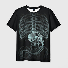 Мужская футболка 3D с принтом Чужой на Рентгене  в Курске, 100% полиэфир | прямой крой, круглый вырез горловины, длина до линии бедер | Тематика изображения на принте: alien | больница | больной | внутренний мир | врач | клиника | кости | пациент | ребра | рентген | скелет | снимок | хищник