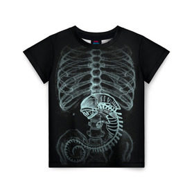 Детская футболка 3D с принтом Чужой на Рентгене в Курске, 100% гипоаллергенный полиэфир | прямой крой, круглый вырез горловины, длина до линии бедер, чуть спущенное плечо, ткань немного тянется | Тематика изображения на принте: alien | больница | больной | внутренний мир | врач | клиника | кости | пациент | ребра | рентген | скелет | снимок | хищник