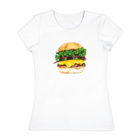 Женская футболка хлопок с принтом Акварельный Бургер в Курске, 100% хлопок | прямой крой, круглый вырез горловины, длина до линии бедер, слегка спущенное плечо | 