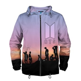 Мужская ветровка 3D с принтом BTS on the Sunset в Курске, 100% полиэстер | подол и капюшон оформлены резинкой с фиксаторами, два кармана без застежек по бокам, один потайной карман на груди | army | hip hop | j hope | jimin | jin | jungkook | k pop | rap | rm | suga | v | джей хоуп | джин | закат | контур | рм | рэп | силуэт | чи мин | чон гук | шуга