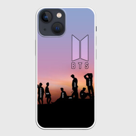 Чехол для iPhone 13 mini с принтом BTS on the Sunset в Курске,  |  | Тематика изображения на принте: army | hip hop | j hope | jimin | jin | jungkook | k pop | rap | rm | suga | v | джей хоуп | джин | закат | контур | рм | рэп | силуэт | чи мин | чон гук | шуга