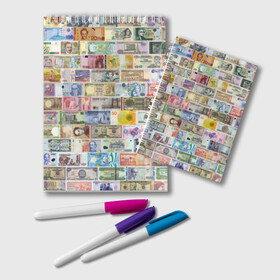Блокнот с принтом Деньги мира в Курске, 100% бумага | 48 листов, плотность листов — 60 г/м2, плотность картонной обложки — 250 г/м2. Листы скреплены удобной пружинной спиралью. Цвет линий — светло-серый
 | Тематика изображения на принте: chf | eur | gbp | jpy | usd | баксы | банкноты | валюта | доллар | евро | купюры | паунд | рубль. | свисси | финансы | фунт стерлингов | швейцарский франк | японская йена