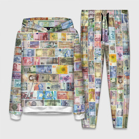 Женский костюм 3D (с толстовкой) с принтом Деньги мира в Курске,  |  | chf | eur | gbp | jpy | usd | баксы | банкноты | валюта | доллар | евро | купюры | паунд | рубль. | свисси | финансы | фунт стерлингов | швейцарский франк | японская йена
