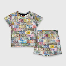 Детский костюм с шортами 3D с принтом Деньги мира в Курске,  |  | chf | eur | gbp | jpy | usd | баксы | банкноты | валюта | доллар | евро | купюры | паунд | рубль. | свисси | финансы | фунт стерлингов | швейцарский франк | японская йена