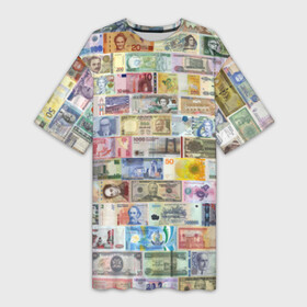 Платье-футболка 3D с принтом Деньги мира в Курске,  |  | chf | eur | gbp | jpy | usd | баксы | банкноты | валюта | доллар | евро | купюры | паунд | рубль. | свисси | финансы | фунт стерлингов | швейцарский франк | японская йена