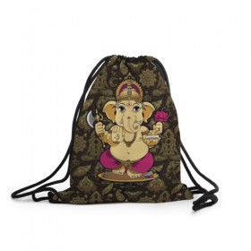 Рюкзак-мешок 3D с принтом Ganesha в Курске, 100% полиэстер | плотность ткани — 200 г/м2, размер — 35 х 45 см; лямки — толстые шнурки, застежка на шнуровке, без карманов и подкладки | animal | ax | crown | decoration | elephant | ethnic | flower | food | god | gold | hands | hold | india | lily | mouse | благополучие | бог | божество | ганеша | держит | еда | животное | золото | индия | индуизм | корона | лилия | м | много | мудрость |
