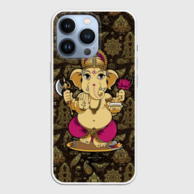 Чехол для iPhone 13 Pro с принтом Ganesha в Курске,  |  | Тематика изображения на принте: animal | ax | crown | decoration | elephant | ethnic | flower | food | god | gold | hands | hold | india | lily | mouse | благополучие | бог | божество | ганеша | держит | еда | животное | золото | индия | индуизм | корона | лилия | м | много | мудрость |