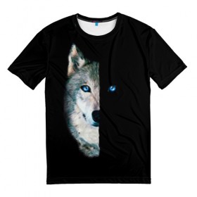 Мужская футболка 3D с принтом Волк в Курске, 100% полиэфир | прямой крой, круглый вырез горловины, длина до линии бедер | animal | art | blue | day | head | muzzle | night | predator | view | wild | wolf | взгляд | волк | голова | день | дикий | животное | искусство | ночь | синий | хищник