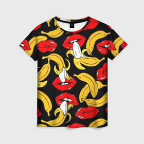 Женская футболка 3D с принтом Губы и бананы в Курске, 100% полиэфир ( синтетическое хлопкоподобное полотно) | прямой крой, круглый вырез горловины, длина до линии бедер | background | bananas | black | drawing | erotic | food | fruit | lips | red | womens | бананы | губы | еда | женские | красные | рисунок | фон | фрукты | черный