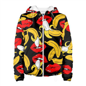 Женская куртка 3D с принтом Губы и бананы в Курске, ткань верха — 100% полиэстер, подклад — флис | прямой крой, подол и капюшон оформлены резинкой с фиксаторами, два кармана без застежек по бокам, один большой потайной карман на груди. Карман на груди застегивается на липучку | background | bananas | black | drawing | erotic | food | fruit | lips | red | womens | бананы | губы | еда | женские | красные | рисунок | фон | фрукты | черный