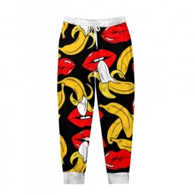 Мужские брюки 3D с принтом Губы и бананы в Курске, 100% полиэстер | манжеты по низу, эластичный пояс регулируется шнурком, по бокам два кармана без застежек, внутренняя часть кармана из мелкой сетки | background | bananas | black | drawing | erotic | food | fruit | lips | red | womens | бананы | губы | еда | женские | красные | рисунок | фон | фрукты | черный