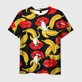 Мужская футболка 3D с принтом Губы и бананы в Курске, 100% полиэфир | прямой крой, круглый вырез горловины, длина до линии бедер | background | bananas | black | drawing | erotic | food | fruit | lips | red | womens | бананы | губы | еда | женские | красные | рисунок | фон | фрукты | черный