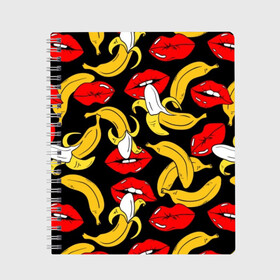 Тетрадь с принтом Губы и бананы в Курске, 100% бумага | 48 листов, плотность листов — 60 г/м2, плотность картонной обложки — 250 г/м2. Листы скреплены сбоку удобной пружинной спиралью. Уголки страниц и обложки скругленные. Цвет линий — светло-серый
 | background | bananas | black | drawing | erotic | food | fruit | lips | red | womens | бананы | губы | еда | женские | красные | рисунок | фон | фрукты | черный