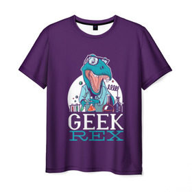 Мужская футболка 3D с принтом Geek Rex в Курске, 100% полиэфир | прямой крой, круглый вырез горловины, длина до линии бедер | Тематика изображения на принте: geek | rex | дино | динозавр | рекс | ученый | физик | физика | химик | химия