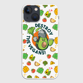 Чехол для iPhone 13 mini с принтом Уничтожим Веганов в Курске,  |  | готовым к битве с vegans | изображение злого авокадо | одетого как рыцарь | с палочкой из сельдерея как мечом