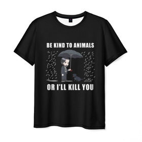 Мужская футболка 3D с принтом Be Kind to Animals в Курске, 100% полиэфир | прямой крой, круглый вырез горловины, длина до линии бедер | Тематика изображения на принте: be kind to animals | cinema | dog | dogs | john wick | keanu reeves | джон уик | животные | пес | собака