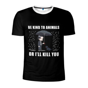 Мужская футболка 3D спортивная с принтом Be Kind to Animals в Курске, 100% полиэстер с улучшенными характеристиками | приталенный силуэт, круглая горловина, широкие плечи, сужается к линии бедра | Тематика изображения на принте: be kind to animals | cinema | dog | dogs | john wick | keanu reeves | джон уик | животные | пес | собака