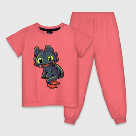 Детская пижама хлопок с принтом Беззубик в Курске, 100% хлопок |  брюки и футболка прямого кроя, без карманов, на брюках мягкая резинка на поясе и по низу штанин
 | Тематика изображения на принте: дракон | иккинг | мультфильм