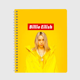 Тетрадь с принтом Billie Eilish в Курске, 100% бумага | 48 листов, плотность листов — 60 г/м2, плотность картонной обложки — 250 г/м2. Листы скреплены сбоку удобной пружинной спиралью. Уголки страниц и обложки скругленные. Цвет линий — светло-серый
 | Тематика изображения на принте: bad guy | bellyache | billie eilish | bury a friend | ocean eyes | when we all fall asleep where do we go | билли айлиш | музыка | певица