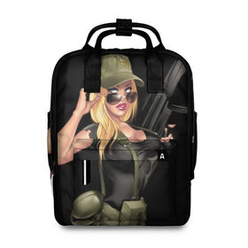 Женский рюкзак 3D с принтом Sexy army girl в Курске, 100% полиэстер | лямки с регулируемой длиной, сверху ручки, чтобы рюкзак нести как сумку. Основное отделение закрывается на молнию, как и внешний карман. Внутри два дополнительных кармана, один из которых закрывается на молнию. По бокам два дополнительных кармашка, куда поместится маленькая бутылочка
 | Тематика изображения на принте: army | automatic | beautiful | big | black | blonde | body | camouflage | chest | cool | eyes | girl | holds | perfect | slim | uniform | weapon | автомат | армия | блондинка | большая | глаза | девушка | держит | идеальное | камуфляж | красивая