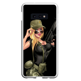 Чехол для Samsung S10E с принтом Sexy army girl в Курске, Силикон | Область печати: задняя сторона чехла, без боковых панелей | army | automatic | beautiful | big | black | blonde | body | camouflage | chest | cool | eyes | girl | holds | perfect | slim | uniform | weapon | автомат | армия | блондинка | большая | глаза | девушка | держит | идеальное | камуфляж | красивая
