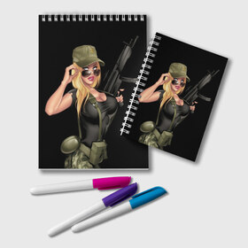 Блокнот с принтом Sexy army girl в Курске, 100% бумага | 48 листов, плотность листов — 60 г/м2, плотность картонной обложки — 250 г/м2. Листы скреплены удобной пружинной спиралью. Цвет линий — светло-серый
 | army | automatic | beautiful | big | black | blonde | body | camouflage | chest | cool | eyes | girl | holds | perfect | slim | uniform | weapon | автомат | армия | блондинка | большая | глаза | девушка | держит | идеальное | камуфляж | красивая