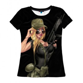 Женская футболка 3D с принтом Sexy army girl в Курске, 100% полиэфир ( синтетическое хлопкоподобное полотно) | прямой крой, круглый вырез горловины, длина до линии бедер | army | automatic | beautiful | big | black | blonde | body | camouflage | chest | cool | eyes | girl | holds | perfect | slim | uniform | weapon | автомат | армия | блондинка | большая | глаза | девушка | держит | идеальное | камуфляж | красивая