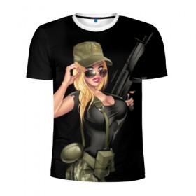 Мужская футболка 3D спортивная с принтом Sexy army girl в Курске, 100% полиэстер с улучшенными характеристиками | приталенный силуэт, круглая горловина, широкие плечи, сужается к линии бедра | Тематика изображения на принте: army | automatic | beautiful | big | black | blonde | body | camouflage | chest | cool | eyes | girl | holds | perfect | slim | uniform | weapon | автомат | армия | блондинка | большая | глаза | девушка | держит | идеальное | камуфляж | красивая