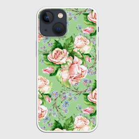 Чехол для iPhone 13 mini с принтом Розы и васильки в Курске,  |  | art | blue | color | cornflowers | field | flora | flowers | illustration | leaves | nature | painting | petals | pink | plants | roses | watercolor | акварель | букет | васильки | живопись | иллюстрация | искусство | лепестки | листья | полевые | природа