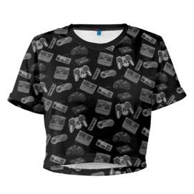 Женская футболка 3D укороченная с принтом Old shool games в Курске, 100% полиэстер | круглая горловина, длина футболки до линии талии, рукава с отворотами | 