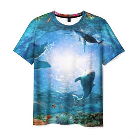 Мужская футболка 3D с принтом Дельфины в Курске, 100% полиэфир | прямой крой, круглый вырез горловины, длина до линии бедер | fish | аква | аквариум | вода | кораллы | море | океан | ракушки | рыбки | рыбы