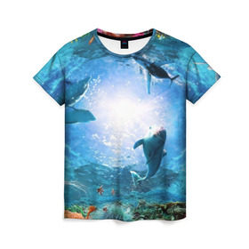 Женская футболка 3D с принтом Дельфины в Курске, 100% полиэфир ( синтетическое хлопкоподобное полотно) | прямой крой, круглый вырез горловины, длина до линии бедер | fish | аква | аквариум | вода | кораллы | море | океан | ракушки | рыбки | рыбы