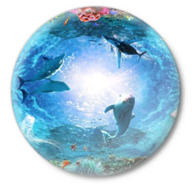 Значок с принтом Дельфины в Курске,  металл | круглая форма, металлическая застежка в виде булавки | fish | аква | аквариум | вода | кораллы | море | океан | ракушки | рыбки | рыбы
