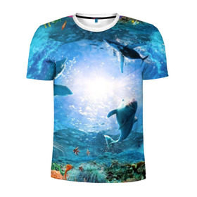 Мужская футболка 3D спортивная с принтом Дельфины в Курске, 100% полиэстер с улучшенными характеристиками | приталенный силуэт, круглая горловина, широкие плечи, сужается к линии бедра | fish | аква | аквариум | вода | кораллы | море | океан | ракушки | рыбки | рыбы