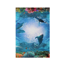 Обложка для паспорта матовая кожа с принтом Дельфины в Курске, натуральная матовая кожа | размер 19,3 х 13,7 см; прозрачные пластиковые крепления | Тематика изображения на принте: fish | аква | аквариум | вода | кораллы | море | океан | ракушки | рыбки | рыбы