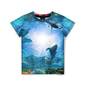 Детская футболка 3D с принтом Дельфины в Курске, 100% гипоаллергенный полиэфир | прямой крой, круглый вырез горловины, длина до линии бедер, чуть спущенное плечо, ткань немного тянется | fish | аква | аквариум | вода | кораллы | море | океан | ракушки | рыбки | рыбы
