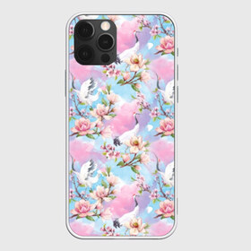 Чехол для iPhone 12 Pro Max с принтом Узор с журавлями в Курске, Силикон |  | art | birds | blooming | buds | cherry | crane | flowers | fly | japanese | leaves | pattern | petals | pink | red headed | spring | watercolor | акварель | бутоны | весна | вишня | журавль | искусство | красноголовый | лепестки | летают | листья | м | пт