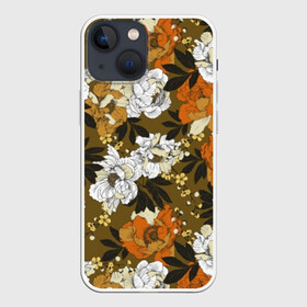 Чехол для iPhone 13 mini с принтом Пионы в Курске,  |  | art | buds | flowers | garden | leaves | orange | pattern | peonies | petals | summer | watercolor | white | акварель | белые | бутоны | искусство | лепестки | лето | листья | оранжевые | пионы | садовые | узор | цветы