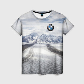 Женская футболка 3D с принтом BMW в Курске, 100% полиэфир ( синтетическое хлопкоподобное полотно) | прямой крой, круглый вырез горловины, длина до линии бедер | bmw | clouds | ice | mountains | prestige | road | sky | snow | бмв | горы | дорога | лед | небо | облака | престиж | снег