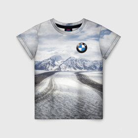 Детская футболка 3D с принтом BMW в Курске, 100% гипоаллергенный полиэфир | прямой крой, круглый вырез горловины, длина до линии бедер, чуть спущенное плечо, ткань немного тянется | bmw | clouds | ice | mountains | prestige | road | sky | snow | бмв | горы | дорога | лед | небо | облака | престиж | снег