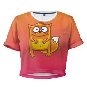 Женская футболка 3D укороченная с принтом Веселая лиса в Курске, 100% полиэстер | круглая горловина, длина футболки до линии талии, рукава с отворотами | 